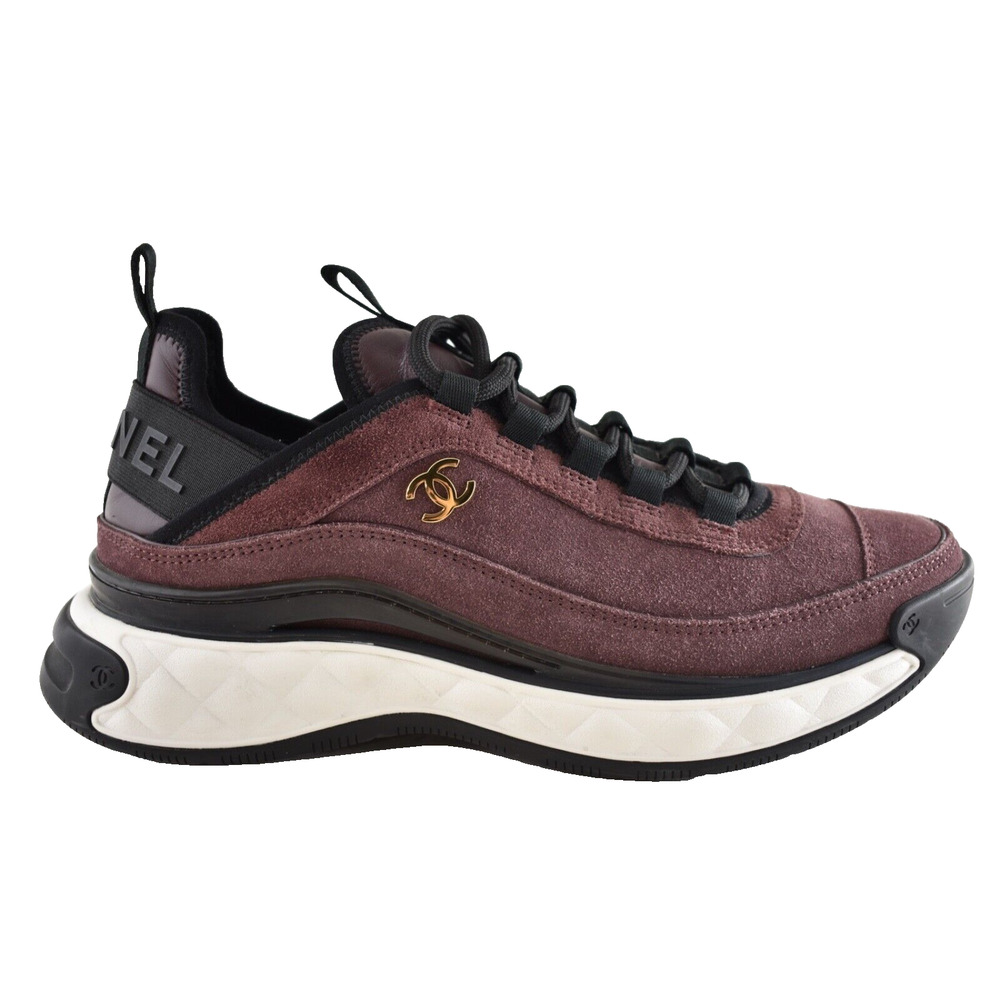 Chanel 23K Burgundy Purple Black White CC Logo Lace Low Top Trainer Sneaker 42